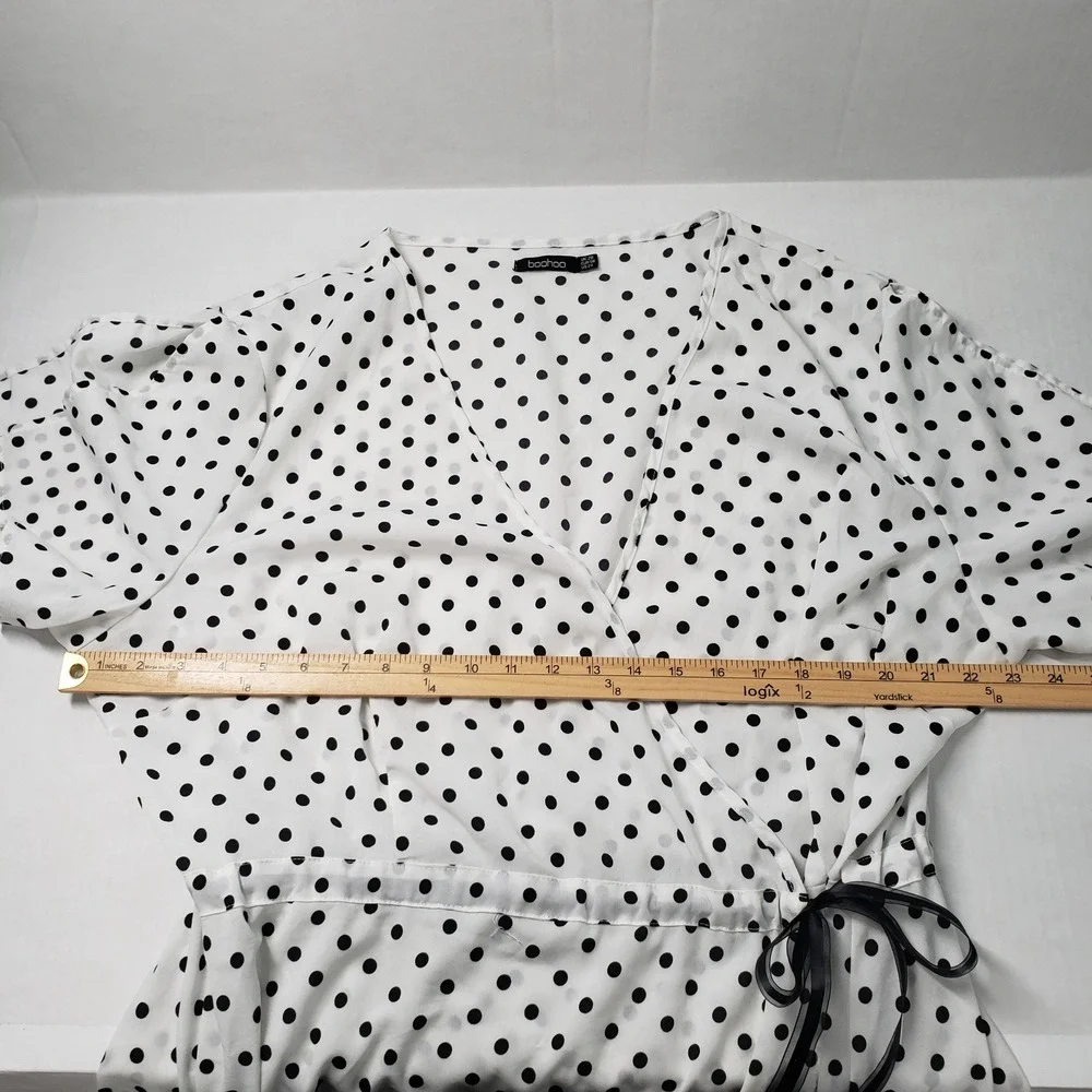 Boohoo Wrap Maxi Dress Womens 24 White Black Polka Dot Short Sleeve Romantic - Picture 5 of 16